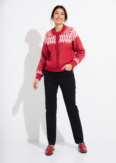 Gilet chaud boutonné jacquard graphique Rouge/Ecru