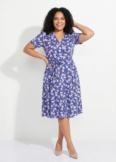 Robe évasée cache-coeur fleurie Fond Marine