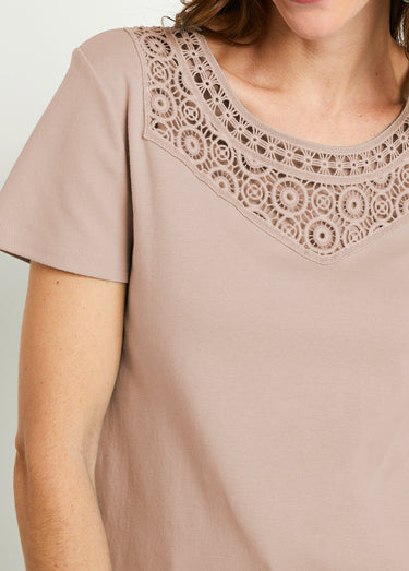 T-shirt macramé coton uni manches courtes Beige