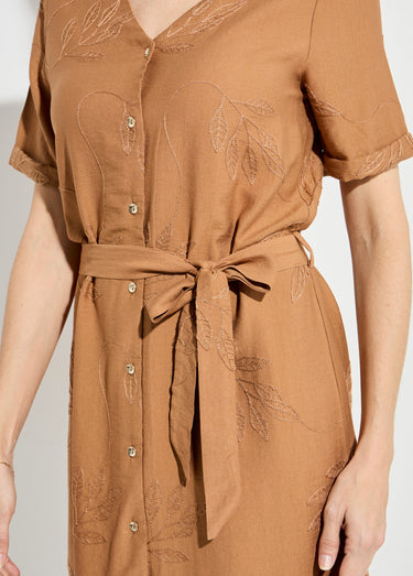 Robe chemisier col V, brodée feuillage Camel
