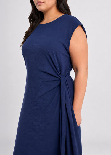 Robe longue col rond, taille nouée Marine