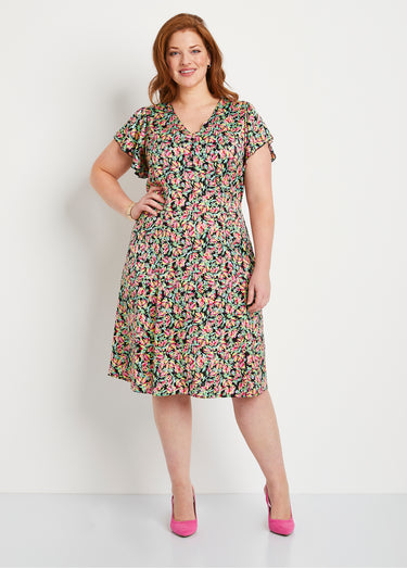 Robe courte volantée satin fleuri Vert/Rose