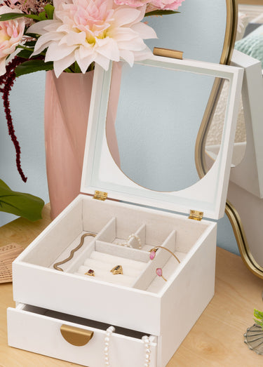 Boite à bijoux vitrée en bois et métal Blanc