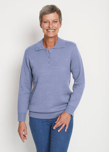 Pull col polo maille épaisse Bleu