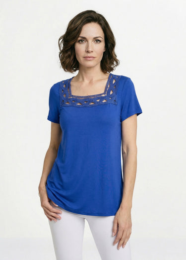 T-shirt long évasé col carré effet brodé Bleu Dur