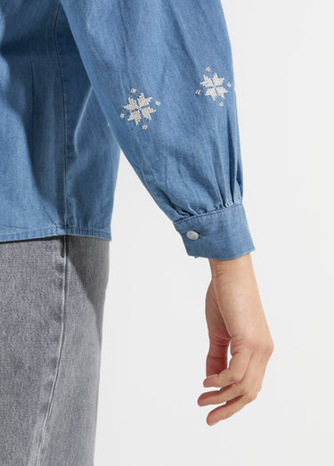 Blouse chambray broderies point de croix Bleu Stone