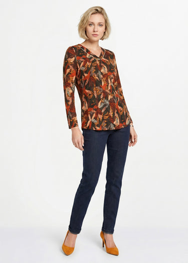 T-shirt long col V évasé manches longues Epice/Miel