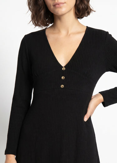 Robe unie courte col V en maille côtelée Noir