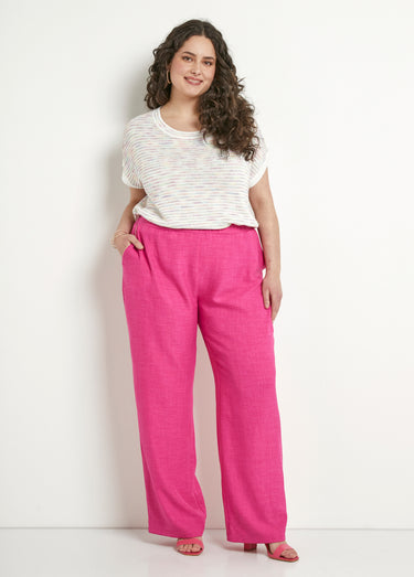 Pantalon large taille élastiquée aspect lin Rose
