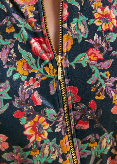 Blouson bombers zippé velours ras fleuri Marine/Rose