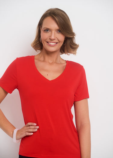 T-shirt fluide col V manches courtes Rouge