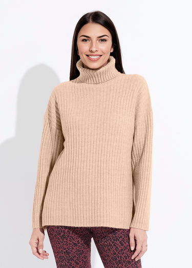 Pull col roulé manches longues descendues Uni Camel