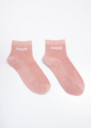 Socquettes fil métallisé, message AMOUR Rose