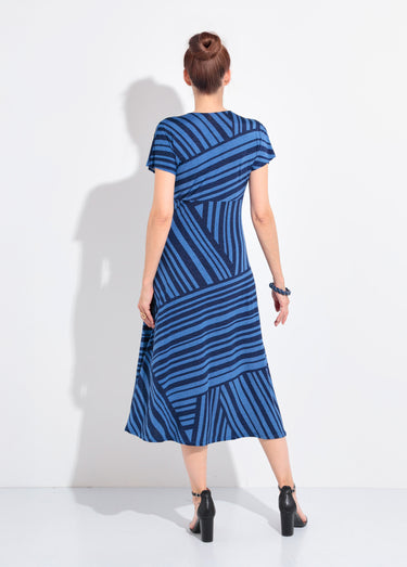 Robe longue manches col V rayures Bleu