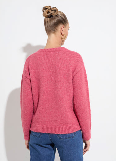 Pull moelleux col rond fleurs brodées Rose