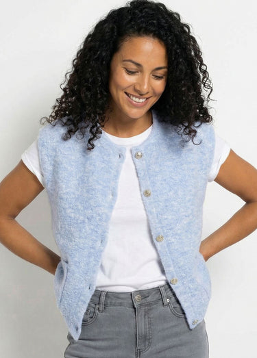 Gilet sans manches boutons dorés maille bouclette Bleu