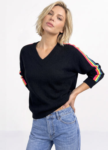 Pull col V manches lignes multicolores Noir