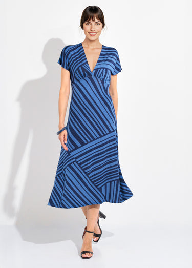 Robe longue manches col V rayures Bleu