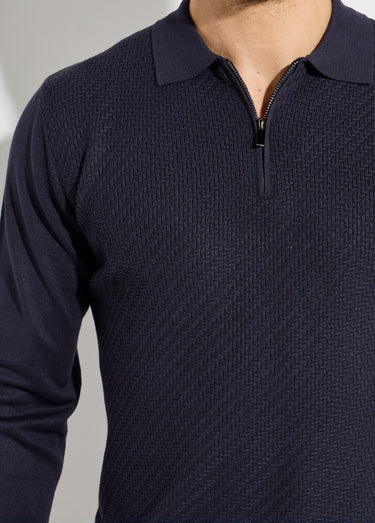 Pull col polo zippé, maille chevrons Marine