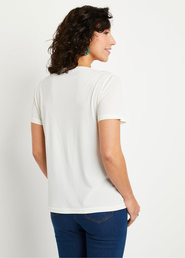 T-shirt col rond avec motif fleuri Fond Ecru