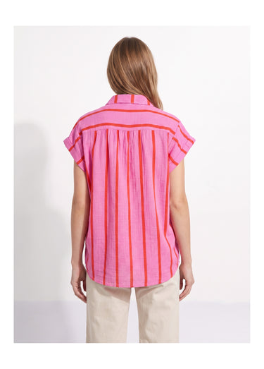 Chemisier rayures vives, manches revers Rose/Rouge