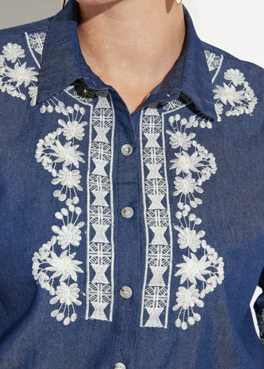 Chemisier denim broderies contrastantes Bleu Jean