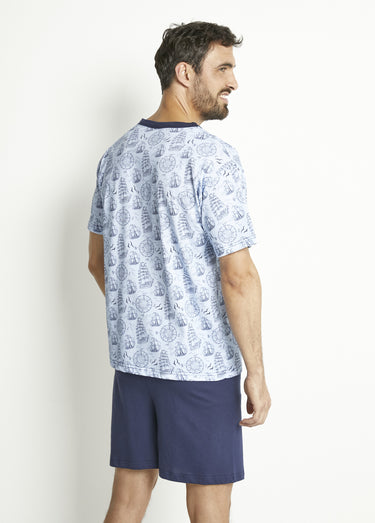 Pyjama short col V jersey coton Bleu Marine
