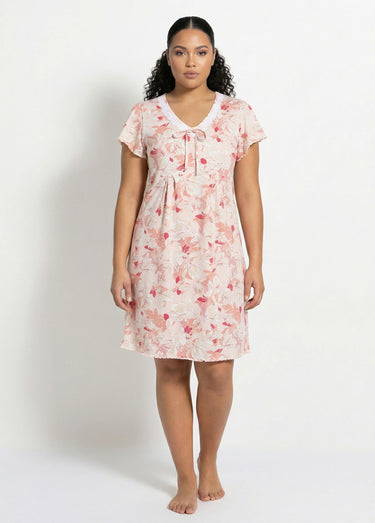 Chemise de nuit coton dentelle Imprime/Rose