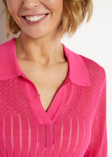 Pull fin col polo ajouré manches courtes Fuchsia