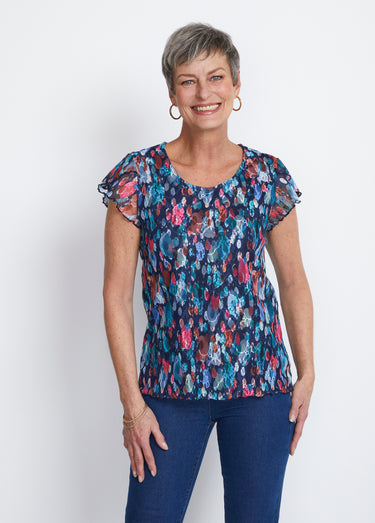T-shirt court dentelle imprimée Marine/Fuchsia