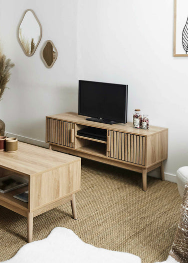 Meuble TV en bois claustra, 2 portes Marron