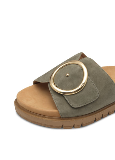 Mules bride cuir velours avec boucle métal Kaki