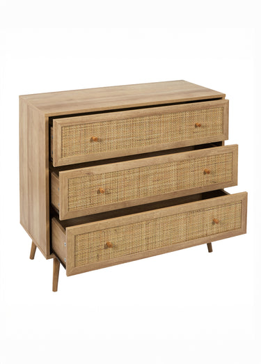 Commode 3 tiroirs, en bois et cannage Marron