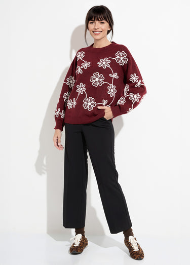 Pull montant application fleurs brodées Bordeaux