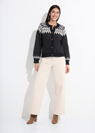 Gilet chaud boutonné jacquard graphique Noir/Ecru
