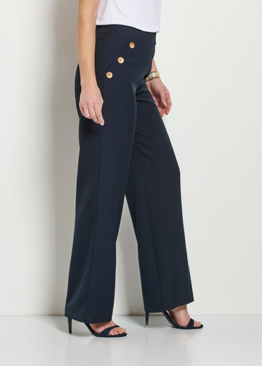 Pantalon large uni taille semi-élastiquée Marine