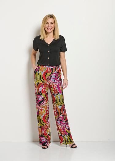 Pantalon large taille élastiquée imprimé Noir/Parme