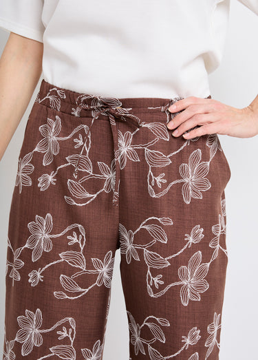 Pantalon large avec sérigraphies fleurs Chocolat
