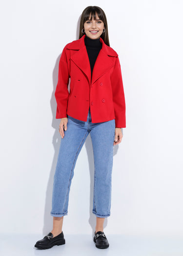 Caban court uni façon drap de laine Rouge