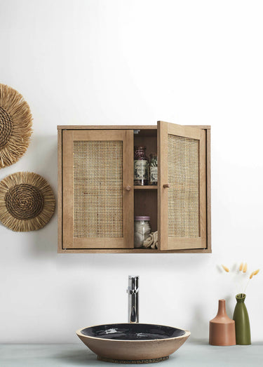 Armoire murale 2 portes, bois et cannage Marron