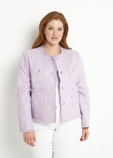 Veste sans col boutonnée courte tissu natté uni Parme