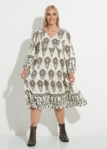 Robe volantée col V imprimé broderies Ecru