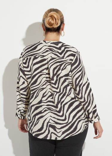 Blouse col V boutonné imprimé animalier Noir/Ecru