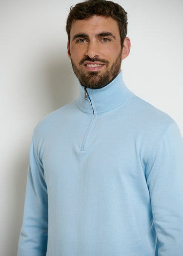 Pull col camionneur zippé contrastant Bleu Ciel