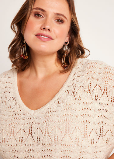 Pull manches 3/4 motif ajouré col V Ficelle