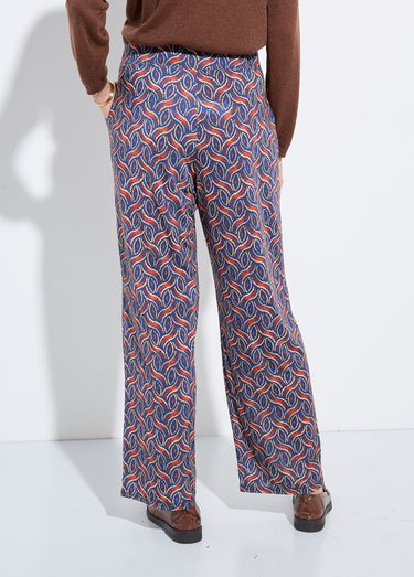 Pantalon large fluide imprimé ethnique Marine/Brique