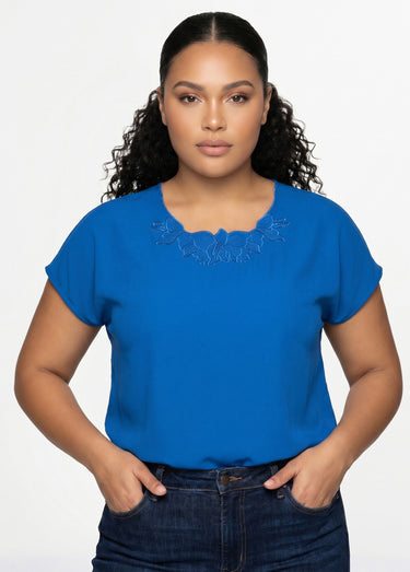 Top long manches courtes broderies col rond Bleu