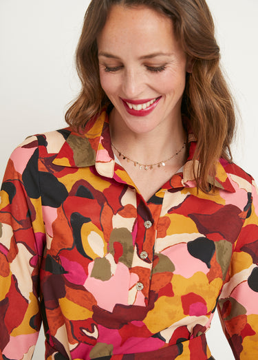 Robe droite courte imprimée col chemisier Rose/Marron