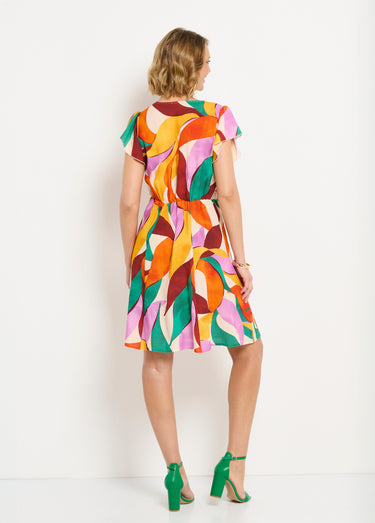 Robe col V courte aspect lin imprimé floral Orange/Vert