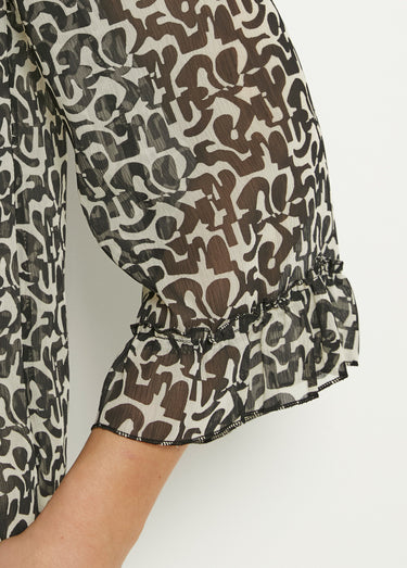 Tunique voile  imprimé manches 3/4 lavallière Noir/Ecru